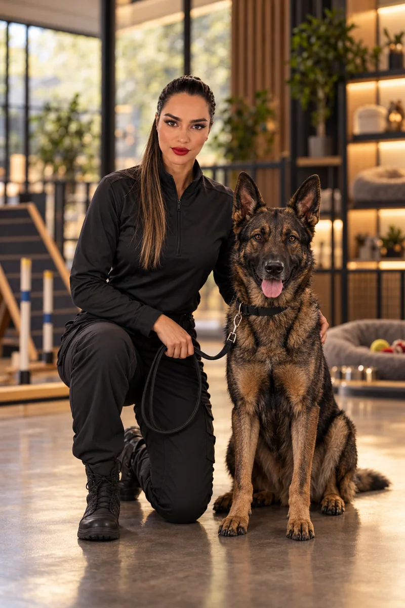 طلا راستی کنار سگش در فضای مرکز K9 Training